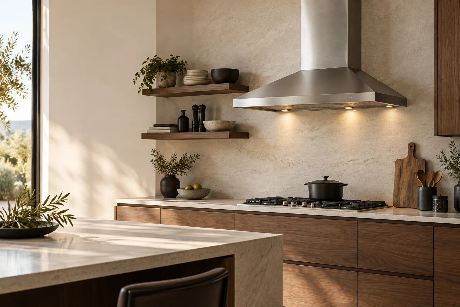 Metal range hood with integrated warm lights in a stone and walnut residential kitchen