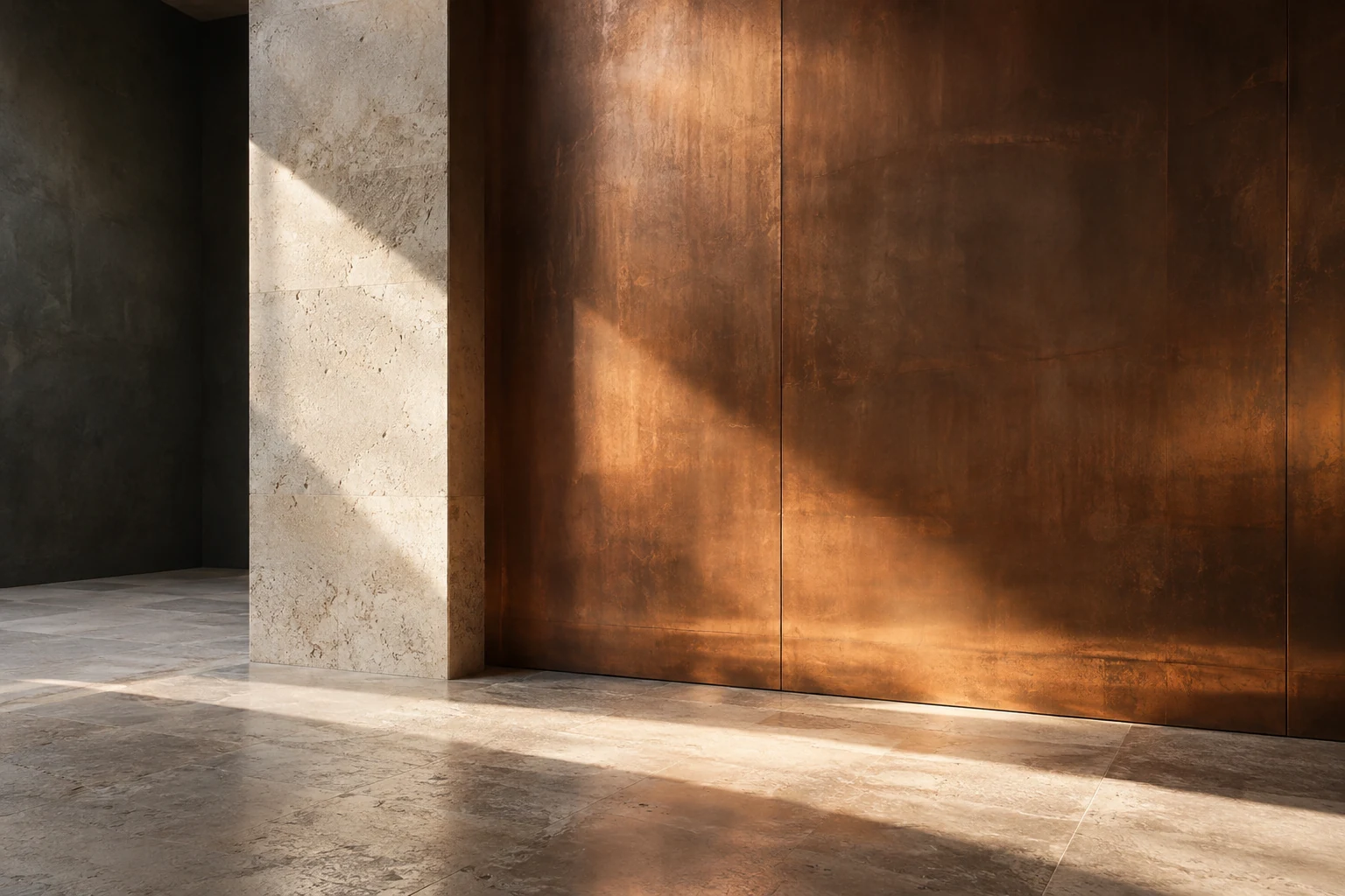 Conceptual architectural study of copper, limestone and directional sunlight.